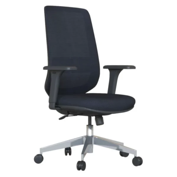 Lacivert kumaş sırt–oturak, bel destekli Mona ofis koltuğu, metalik ayaklı.