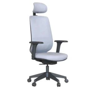 Açık gri Mona yönetici koltuğu; başlıklı, nefes alan dokulu sırt paneli, yumuşak oturum, ayarlanabilir kolçak ve tekerlekli yıldız ayak