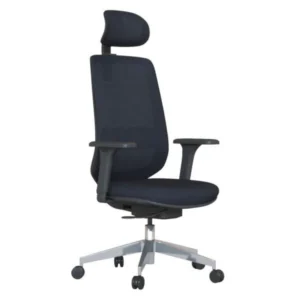 Lacivert Mona yönetici koltuğu; başlıklı, dokulu sırt ve oturum, ayarlı kolçak, metalik yıldız ayaklı ergonomik model