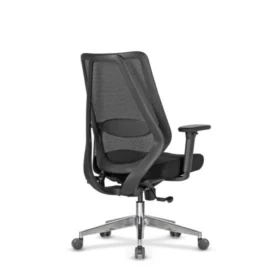 Nexa siyah file sırtlı çalışma koltuğu arka görünüm; alüminyum ayak ve bel yastığı.