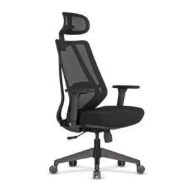 Nexa yönetici koltuğu siyah; file sırt, ayarlanabilir başlık ve kolçak, kalın oturum, mat siyah yıldız ayaklı ergonomik model