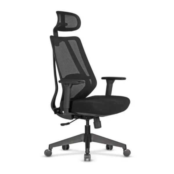 Nexa yönetici koltuğu siyah; file sırt, ayarlanabilir başlık ve kolçak, kalın oturum, mat siyah yıldız ayaklı ergonomik model