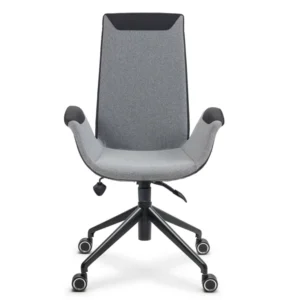 Gri kumaş gövde ve siyah detaylı, yüksek sırtlı NOW Yönetici Koltuğu PLN-1175; metal yıldız ayaklı, tekerlekli ofis koltuğu – önden görünüm.