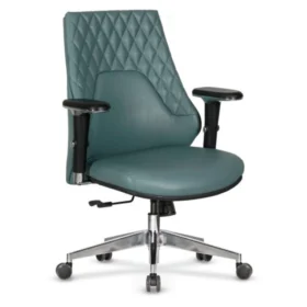 Baklava dikişli teal deri sırtlı, ayarlanabilir kolçaklı Sıra çalışma koltuğu önden görünüm.