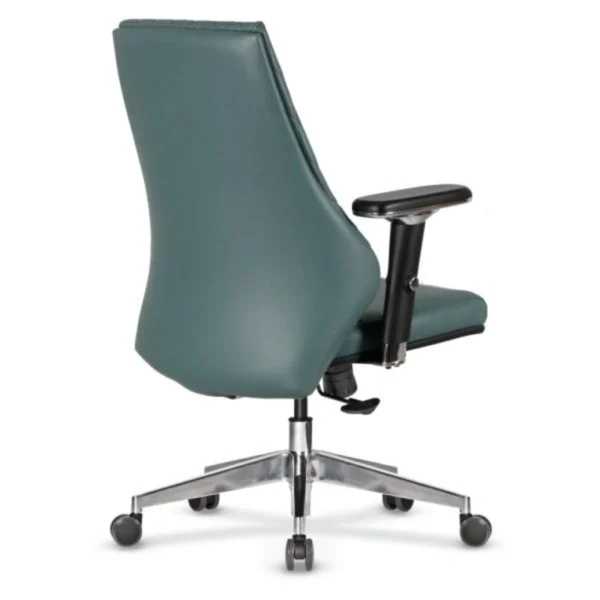 Teal deri arkalıklı Sıra ofis koltuğu, arka açıdan ergonomik sırt eğrisi ve metal ayak.