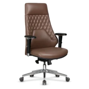 Şık kahverengi Sira yönetici koltuğu; elmas kapitone sırt, yumuşak deri görünümlü oturum, ayarlı kolçak ve alüminyum yıldız ayak