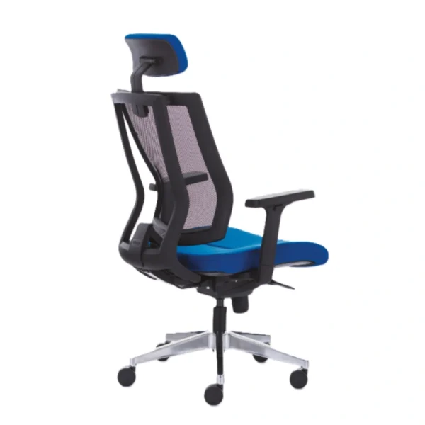 File sırtlı, başlıklı, mavi oturumlu Svago yönetici koltuğu arkalık bel destekli.