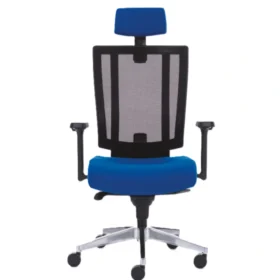 Bel destekli file sırt, başlık ve ayarlı kolçaklı Svago ofis koltuğu.