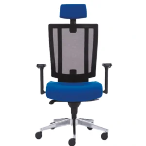 Bel destekli file sırt, başlık ve ayarlı kolçaklı Svago ofis koltuğu.