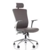 Koyu taupe deri döşemeli, ayarlanabilir başlıklı, ince metal kolçaklı ve alüminyum yıldız ayaklı Taras yönetici koltuğu – şık ergonomik ofis koltuğu.