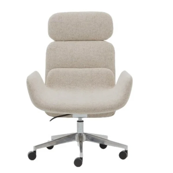 Tux PLN-1112 krem dokulu; kavisli oturum, dolgulu başlık ve parlak alüminyum tabanlı tekerlekli yönetici koltuğu