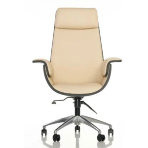 Önden görünüm – krem renk yönetici koltuğu, başlık ve kavisli kolçaklara sahip, metal ayaklı Velora model ofis koltuğu.