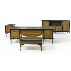 Aktor Ahşap Ofis Mobilyası Seti - Klasik Yönetici Masası, Konsol ve Kapitoneli Koltuklar