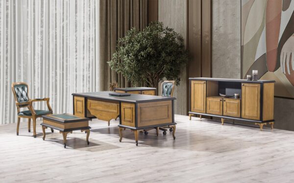 Aktor Klasik Makam Takımı - Yeşil Deri ve Masif Ahşap Yönetici Odası