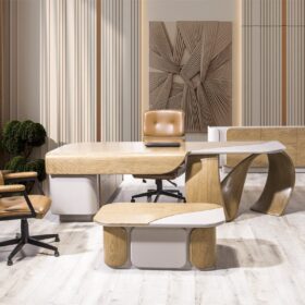 Polen Mobilya Alpos yönetici ofis takımı; ahşap makam masası, orta sehpa ve dolap seti beyaz fon ürün görseli