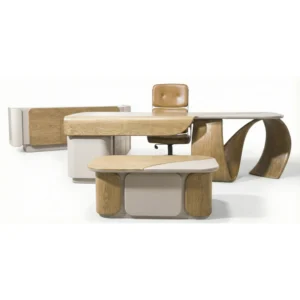 Modern ofis dekorasyonunda Polen Mobilya Alpos makam takımı; masa, sehpa ve konsol kombinasyonu ile lüks yönetici odası