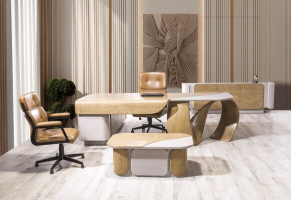 Polen Mobilya Alpos yönetici ofis takımı; ahşap makam masası, orta sehpa ve dolap seti beyaz fon ürün görseli