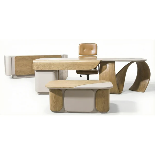 Modern ofis dekorasyonunda Polen Mobilya Alpos makam takımı; masa, sehpa ve konsol kombinasyonu ile lüks yönetici odası