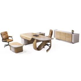 Lüks ofis tasarımı için Alpos makam takımı ve deri ofis koltuğu ile tam set perspektif görünümü