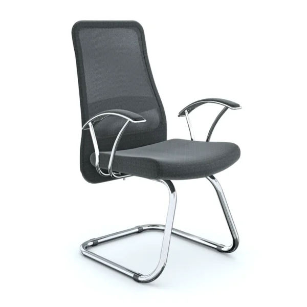 Gri file sırtlı, sabit kol destekli Atlas misafir koltuğu—önden üç çeyrek açı.