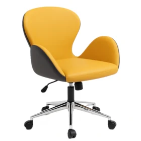 Sarı renk, içe kıvrımlı kol detaylı Ege toplantı koltuğu; iki renk gövde, yükseklik ayarlı, yıldız ayaklı.