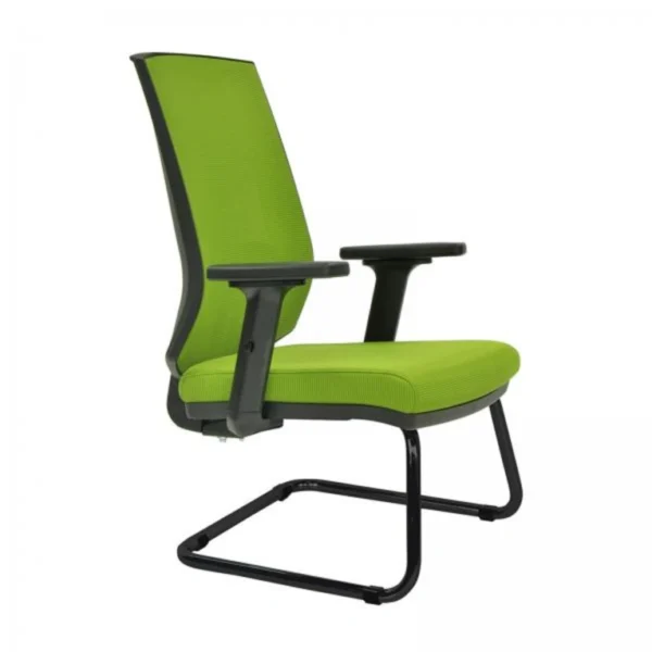 Yeşil file sırtlı, sabit ayaklı EOS misafir koltuğu – modern ofis bekleme alanı sandalyesi, ergonomik kol dayamalı.