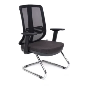 Leda misafir koltuğu – koyu renk oturumlu, file sırtlı, sabit kolçaklı modern model.