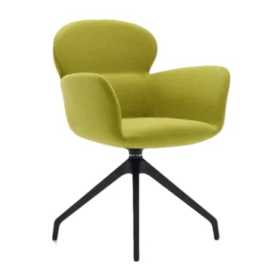 Kol destekli Pera bekleme koltuğu; yeşil döşeme, akıcı hatlar ve üç kollu döner kaideyle ergonomik oturum sunar