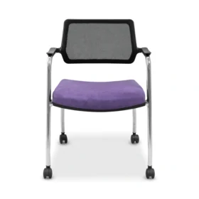 Sande mesh sırtlı toplantı sandalyesi, mor oturum ve tekerlekli dört ayak, önden görünüm.