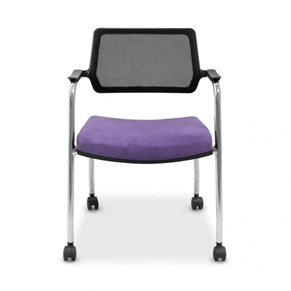Sande mesh sırtlı toplantı sandalyesi, mor oturum ve tekerlekli dört ayak, önden görünüm.