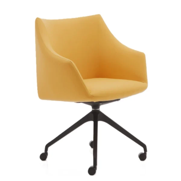 Vela sarı ofis koltuğu, açılı yan görünüm; derin oturum ve destekleyici kol yapısı.